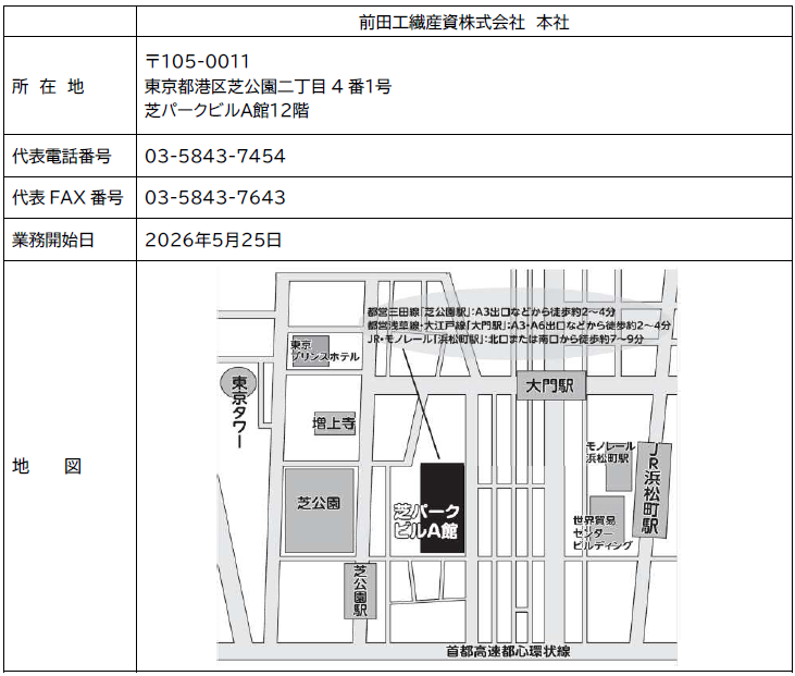 所在地：〒105-0011　東京都港区芝公園二丁目4番1号　芝パークビルA館12階
代表電話番号：03-5843-7454
代表FAX番号：03-5843-7643
業務開始日：2026年5月25日